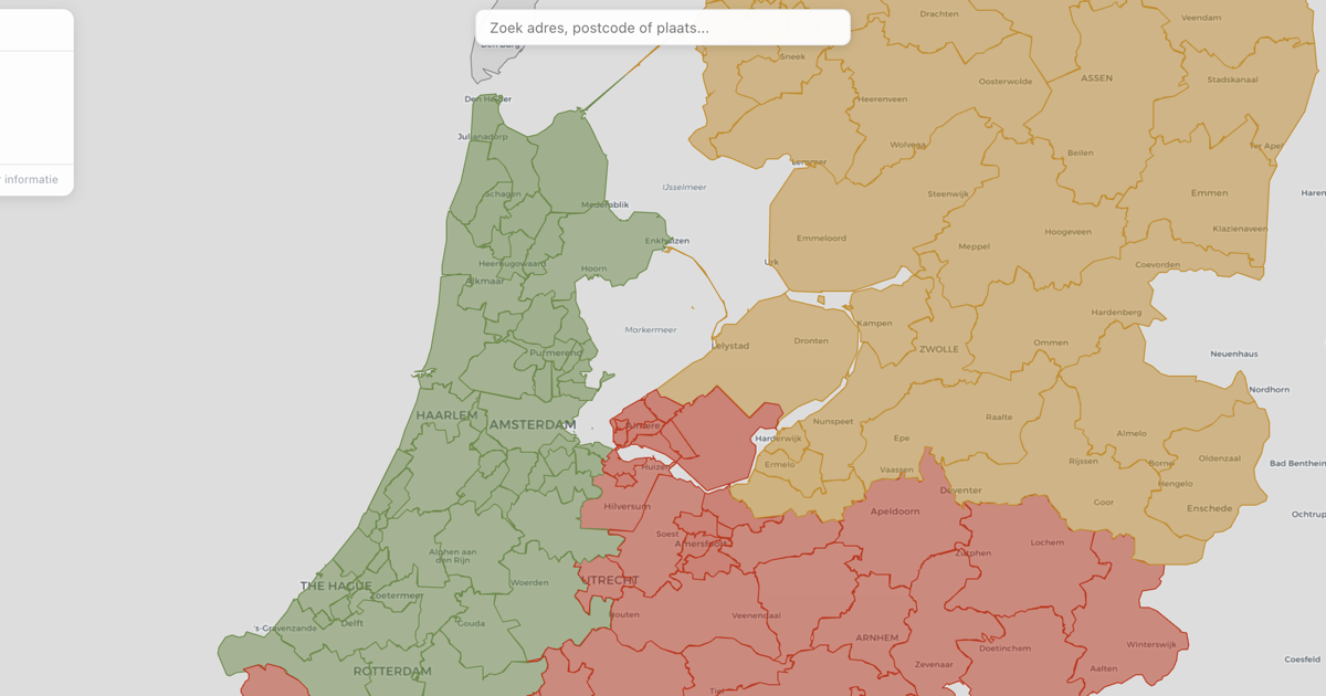 Voorbeeld van een verzorgingsgebied kaart per postcode (PC3) met zones per team